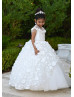 Cap Sleeves Beaded White Tulle 3D Flowers Fancy Flower Girl Dress Cap Sleeves Beaded White Tulle 3D Flowers Fancy Flower Girl Dress